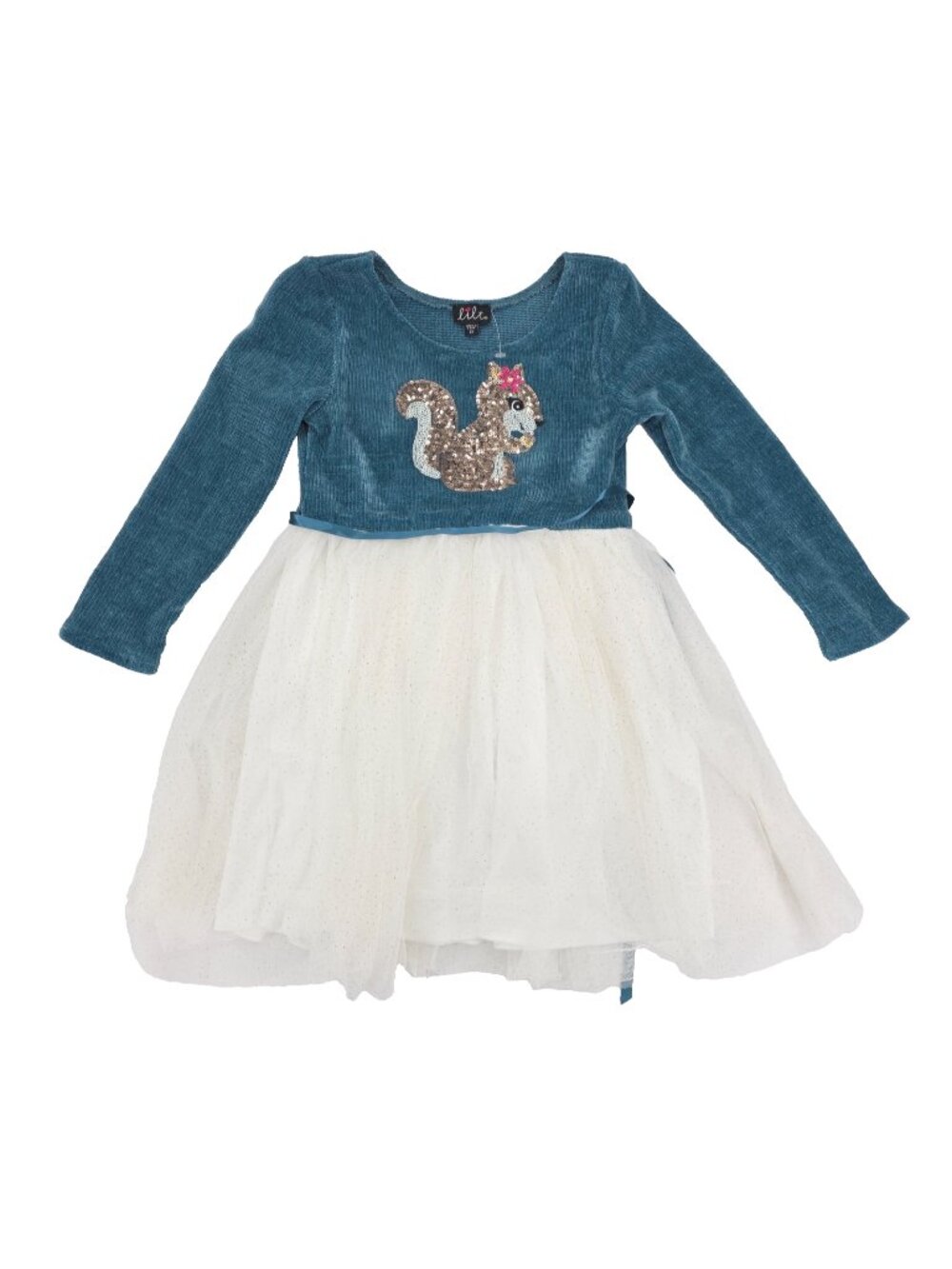 Lilt Tutu Dress Girls Youth 6/6X Teal White Tulle Glitter Squirrel Long Sleeve